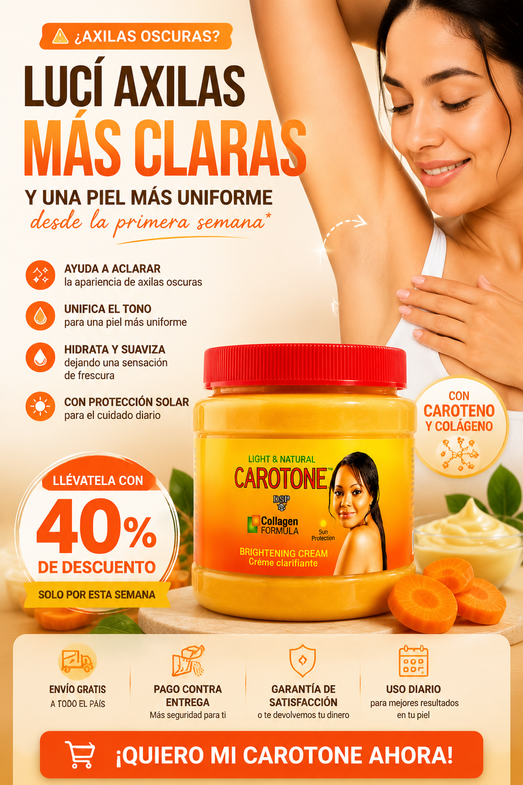 Crema Carotone/ Ayuda a mejorar la apariencia de manchas y zonas oscuras de tu piel, con envío gratis